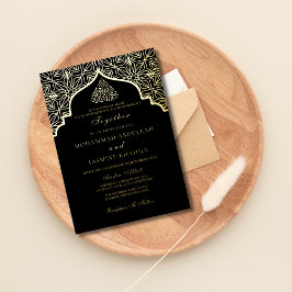 リアル箔ゴールド ブラック モスク 文字 Muslim 結婚式 箔招待状