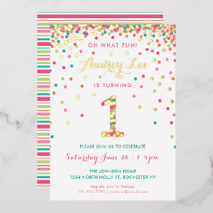 リアル箔押し1歳の誕生日招待状、ピンクの紙吹雪 箔招待状