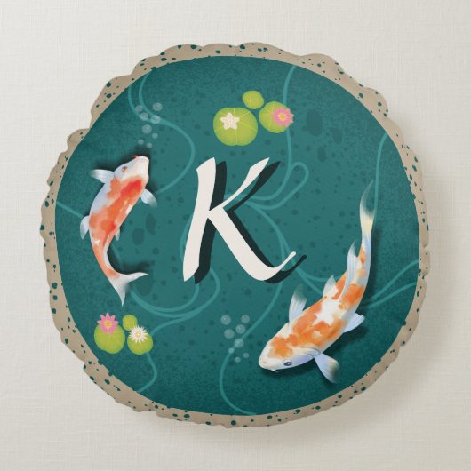 リアル緑日本のコイ魚池 ラウンドクッション (正面)