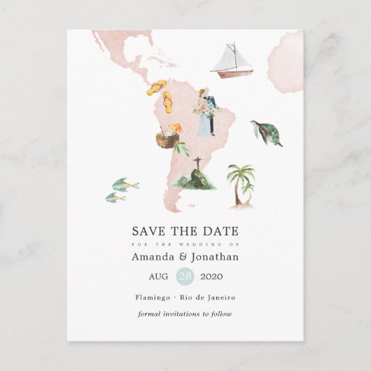リオデスティネーションウェディングアナウンスメントの水彩地図 案内ポストカード (正面)