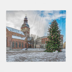 リガのクリスマスツリーとドーム広場 フリースブランケット