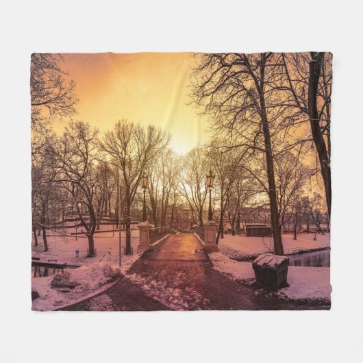 リガの夕暮れ時の雪景色のパノラマ フリースブランケット (正面(横))