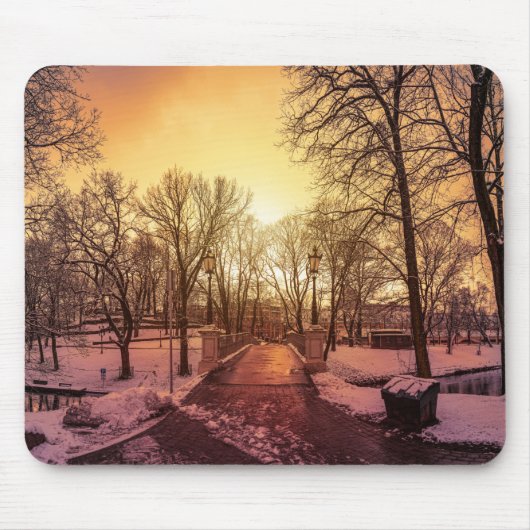 リガの夕暮れ時の雪景色のパノラマ マウスパッド (正面)