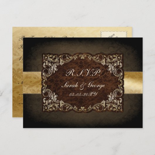 リガ素朴ル装飾用ブラウンと金ゴールド結婚ズ インビテーションポストカード (正面/裏面)