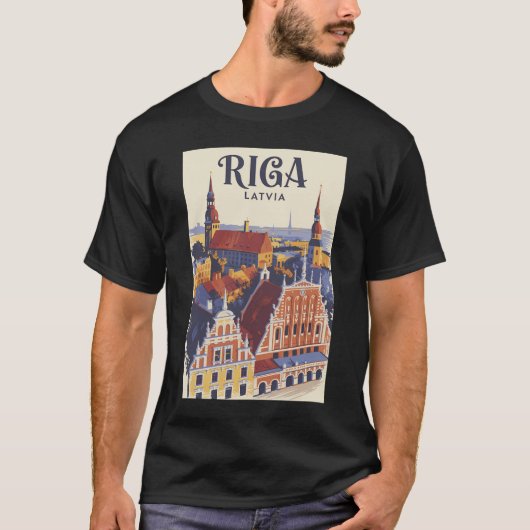 リガ ラトビア イラスト 旅行 アート ヴィンテージ Tシャツ (正面)
