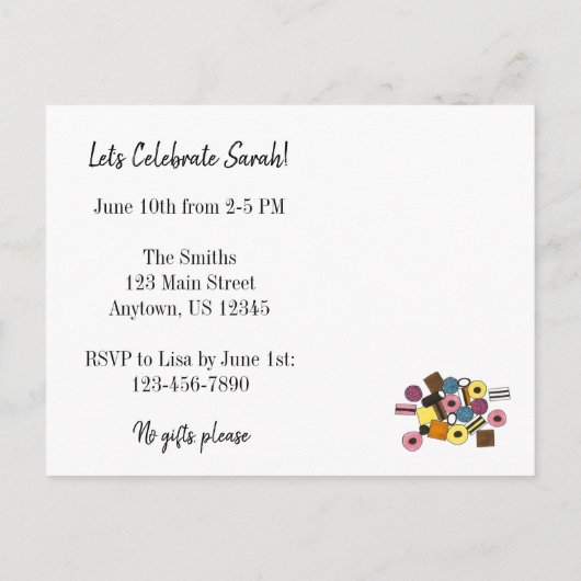 リコリスオールソート キャンディー 誕生日パーティー招待状 インビテーションポストカード (裏面)