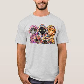 リサイクルキルトのパーカーを着た猫Tシャツ Tシャツ