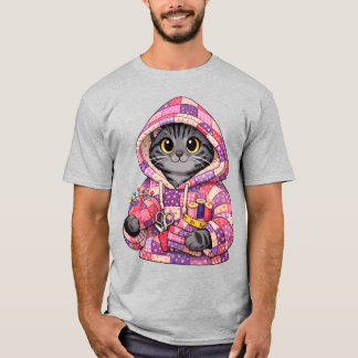 リサイクルキルトパーカーのグレー縞猫Tシャツ Tシャツ