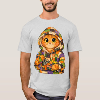 リサイクルキルトパーカーを着たオレンジの猫Tシャツ Tシャツ