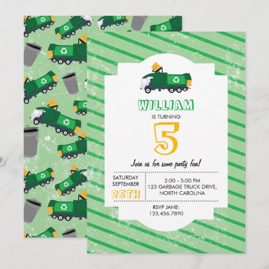リサイクルトラック柄の誕生日 招待状 (正面/裏面)