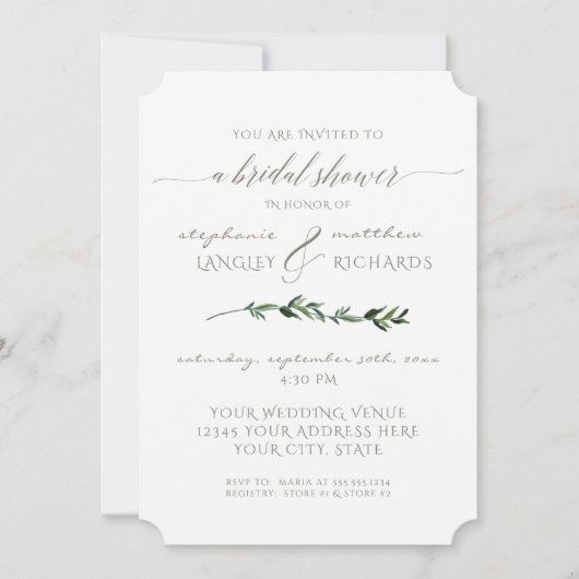 リシンプルーミニマルフグリーンリーブライダルシャワー 招待状 (正面)