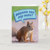 リスおもしろいル – 私のナッツを見たい?誕生日カード カード (黄色い花)