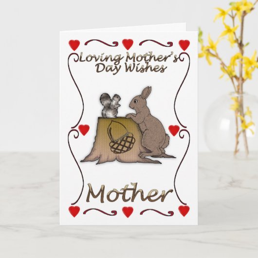 リスおよびウサギが付いている母の日カード カード (黄色い花)