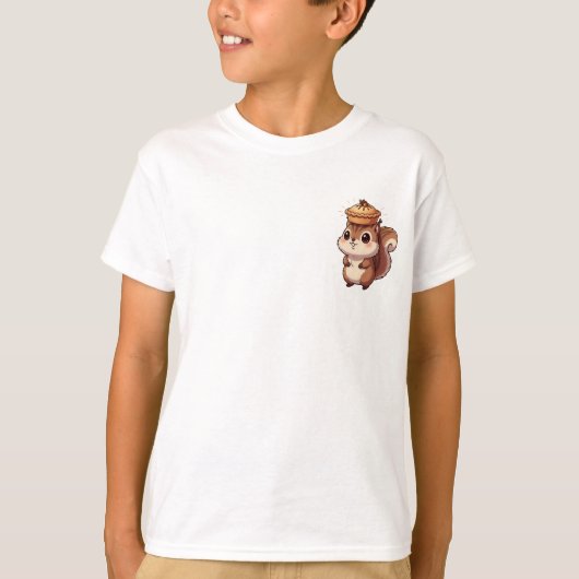 リスがどんぐりのパイの帽子をバランスする 子供用 Tシャツ (正面)