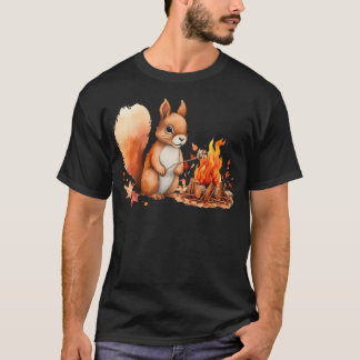 リスがマシュマロを焼くキャンプファイア キャンプ カメラ Tシャツ
