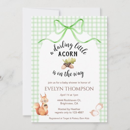 リスとどんぐりのさわやかなグリーンがキュートなベイビーシャワーのお知らせ 招待状 (正面)