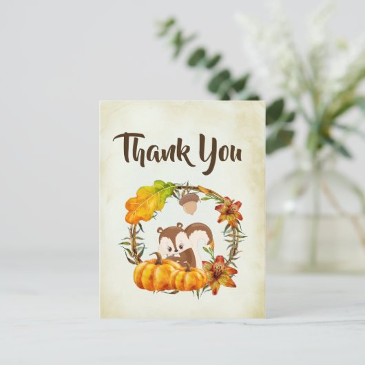 リスとカボチャの秋素朴ありがとう ポストカード (スタンド正面)
