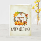 リスとカボチャの素朴リース誕生日 カード (黄色い花)