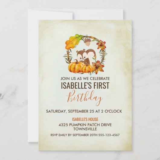 リスとカボチャの誕生日パーティーの招待状 招待状 (正面)