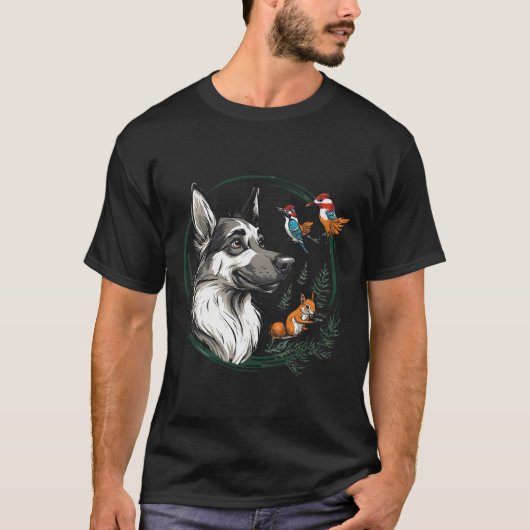 リスとカラフルな鳥とオオカミ Tシャツ (正面)