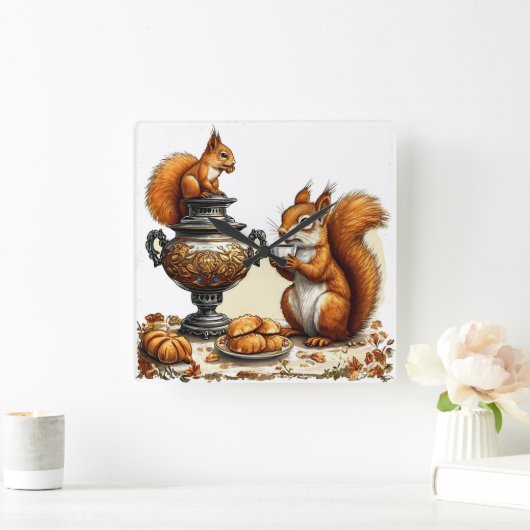 リスとティータイム スクエア壁時計 (ホーム)