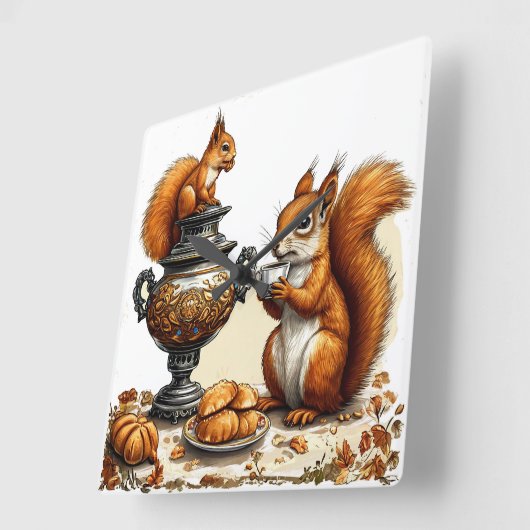 リスとティータイム スクエア壁時計 (傾斜)