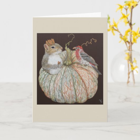 リスとフィンチの折りたたみ式グリーティングカード カード (黄色い花)