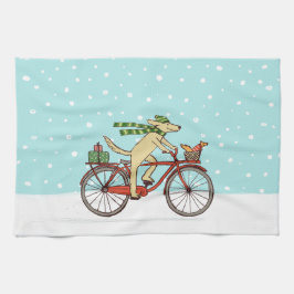 リスと一緒に自転車に乗る犬 クリスマス キッチンタオル