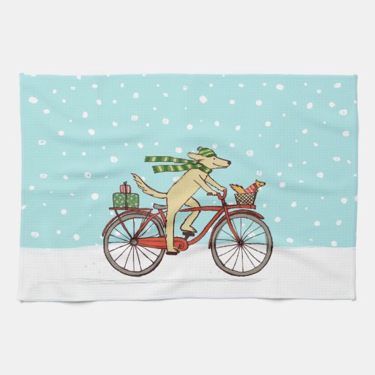 リスと一緒に自転車に乗る犬 クリスマス キッチンタオル (横)