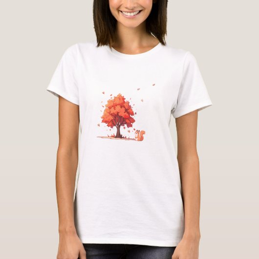 リスと秋の木 Tシャツ (正面)