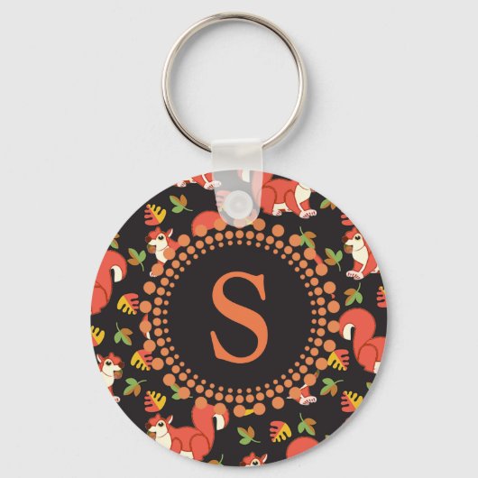 リスと秋の葉柄モノグラム キーホルダー (正面)