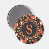 リスと秋の葉柄モノグラム マグネット (正面/裏面)