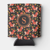 リスと秋の葉柄モノグラム 缶クーラー (正面)