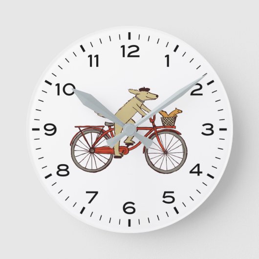 リスと自転車に乗る犬 かわいいファンタジー ラウンド壁時計 (正面)