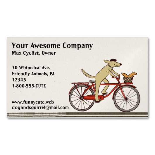 リスと自転車に乗る犬 |かわいい動物 マグネット名刺 (正面)