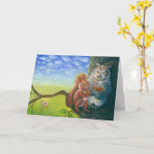 リスと賢いフクロウとヘーゼルナッツのイラスト カード (黄色い花)