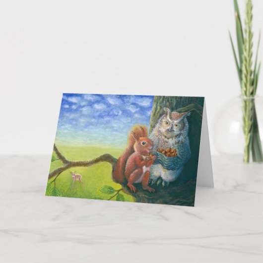 リスと賢いフクロウとヘーゼルナッツのイラスト カード (正面)