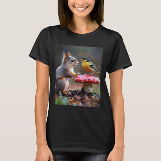 リスと鳥の森の友情 女性用オーガニックコットンTシャツ  Tシャツ (正面)