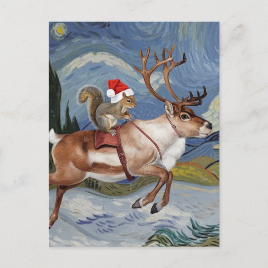 リスのサンタと愛らしいトナカイのクリスマス ポストカード (正面)