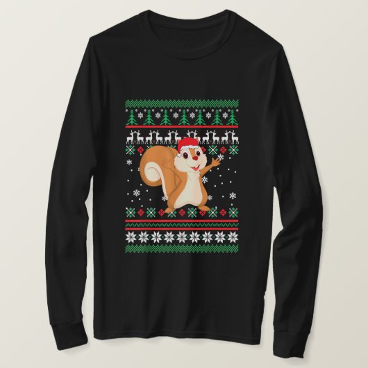 リスのサンタハットおもしろい醜いクリスマスパジャマホール Tシャツ (デザイン正面)