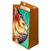 リスのピネコンヴィンテージ秋冬のティール（緑がかった色）金ゴールド スモールペーパーバッグ (正面アングル)