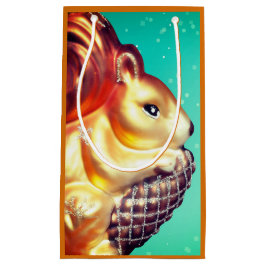 リスのピネコンヴィンテージ秋冬のティール（緑がかった色）金ゴールド スモールペーパーバッグ