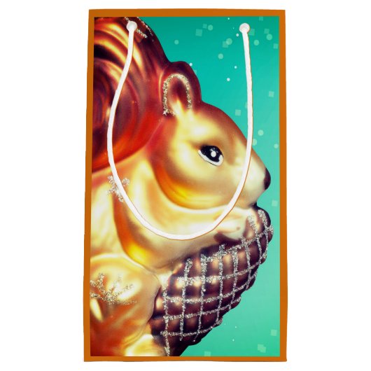 リスのピネコンヴィンテージ秋冬のティール（緑がかった色）金ゴールド スモールペーパーバッグ (正面)