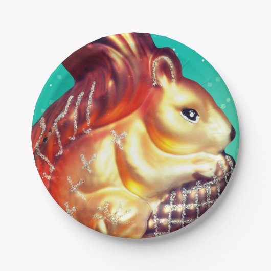 リスのピネコンヴィンテージ秋冬のティール（緑がかった色）金ゴールド ペーパープレート (正面)