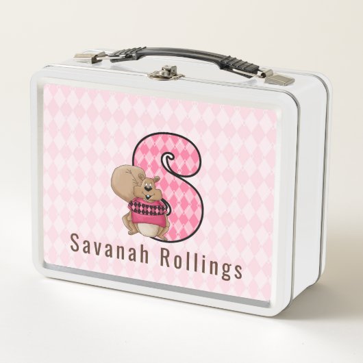 リスのピンクのダイヤモンドの女の子のための手紙パターン（の模様が）あるS メタルランチボックス (正面)