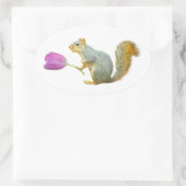 リスのピンク色の花シール 楕円形シール (バッグ)