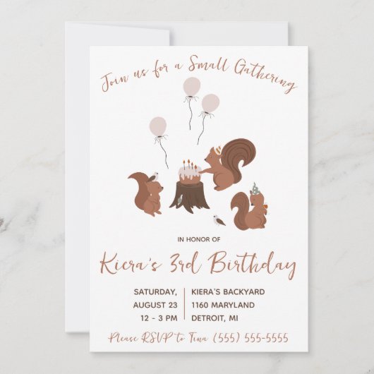 リスの小さな集まり、ウッドランド誕生日パーティー 招待状 (正面)