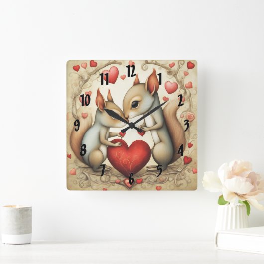 リスの愛1 スクエア壁時計 (ホーム)