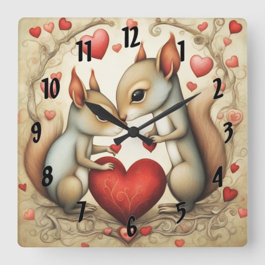 リスの愛1 スクエア壁時計 (正面)