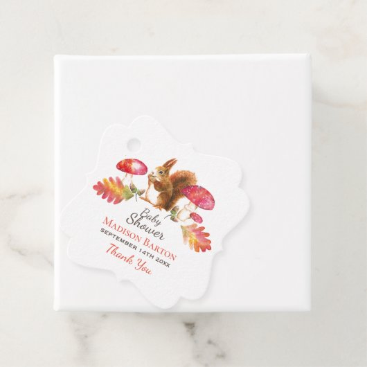 リスの森の秋の水の色の赤ちゃんシャワー フェイバータグ (インサイチュ)